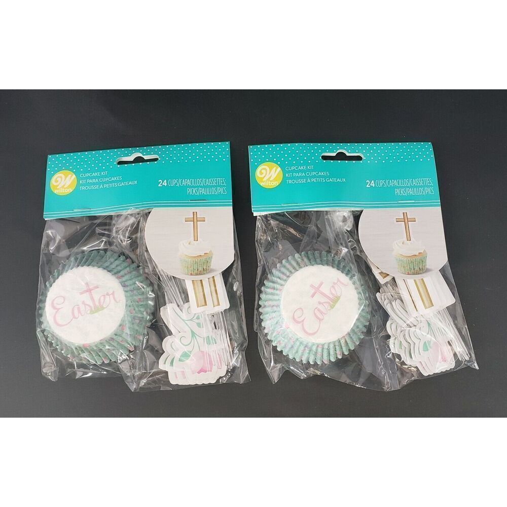 Wilton Cupcake Kit 24 Cups Flower Cross Picks Inserts Decoration Easter 2 Pkgs
